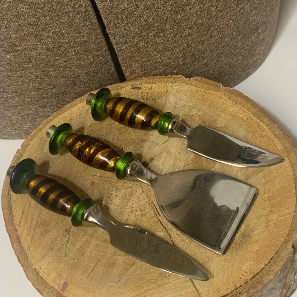 Set of 3 Artisan Amber/Green Glass Handle Cheese Knives